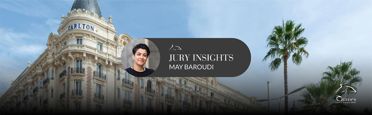 Title photo: the famous Carlton hotel in Cannes, superimposed by a badge with a photo of May Baroudi along with the article title.